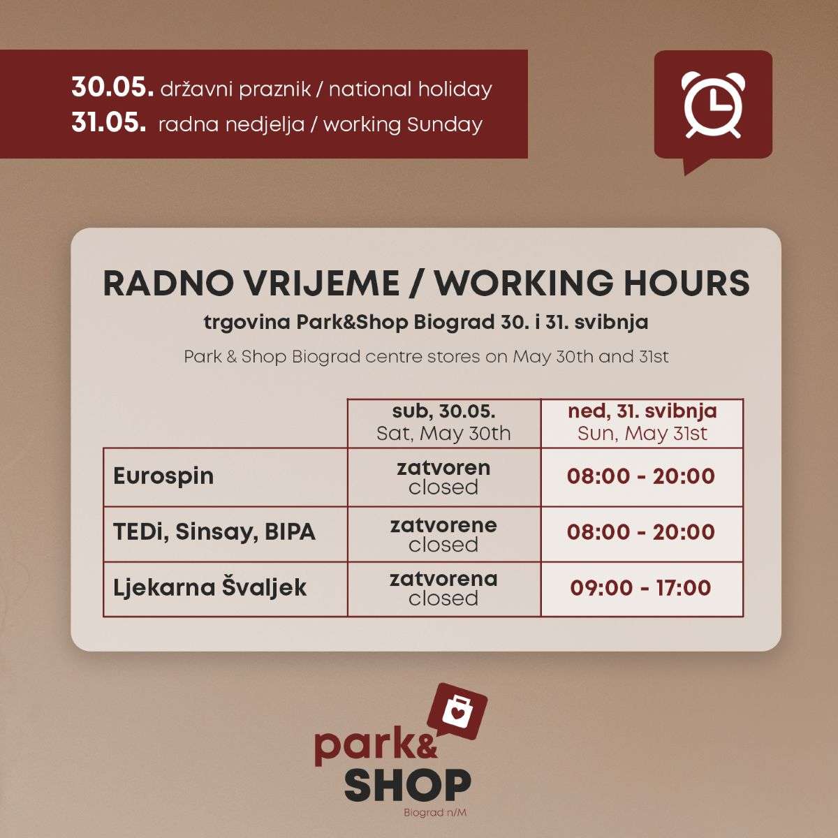 Radno vrijeme trgovina Park & Shop centra u subotu i nedjelju, 30. i 31. svibnja